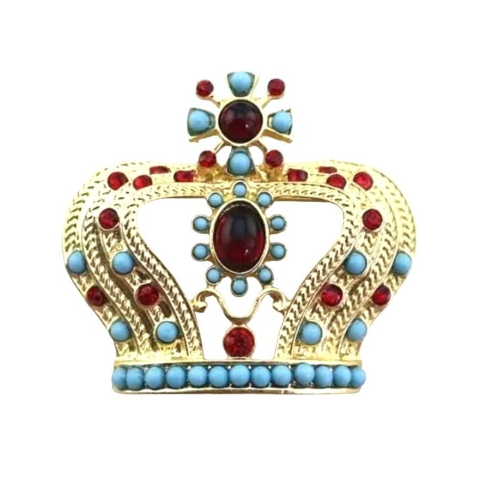 Gold Tone Crown Brooch Pin With Red & Blue Accents